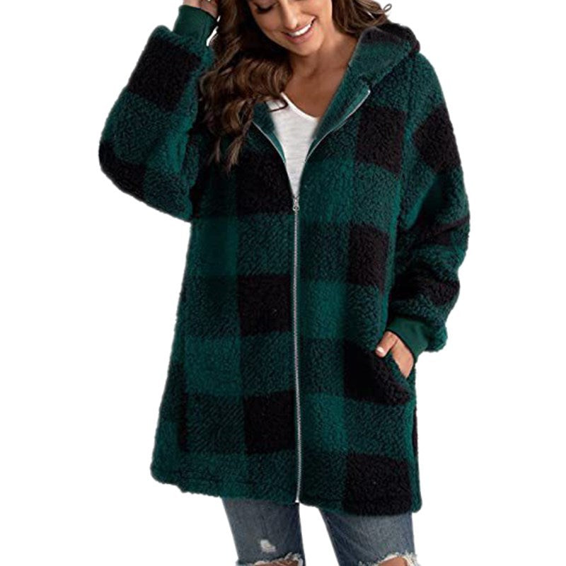 ARABELLA™ Plaid Fleece Hooded Coat — Cozy Long-Sleeve Warmth