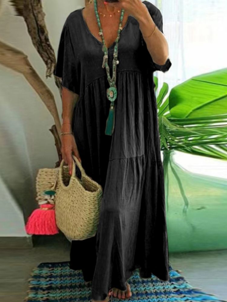 LINNEA™ Soft-Ruffle V-Neck Maxi Dress - Effortlessly Elegant and Flowy