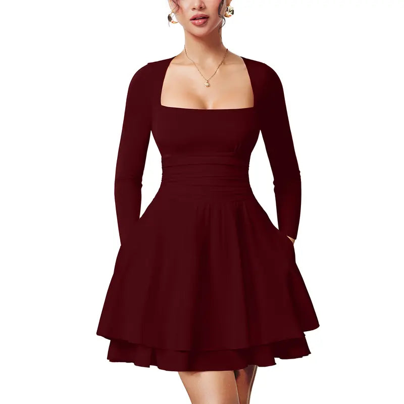 WINONA™ Women's Square-Neck Ruffle-Hem Mini Dress with Ruched Waist and Long Sleeves