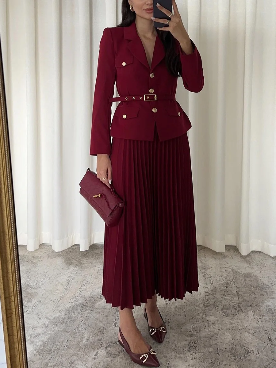 EMILIE™ — Chic Belted Blazer & Pleated Skirt Set for Effortless Style