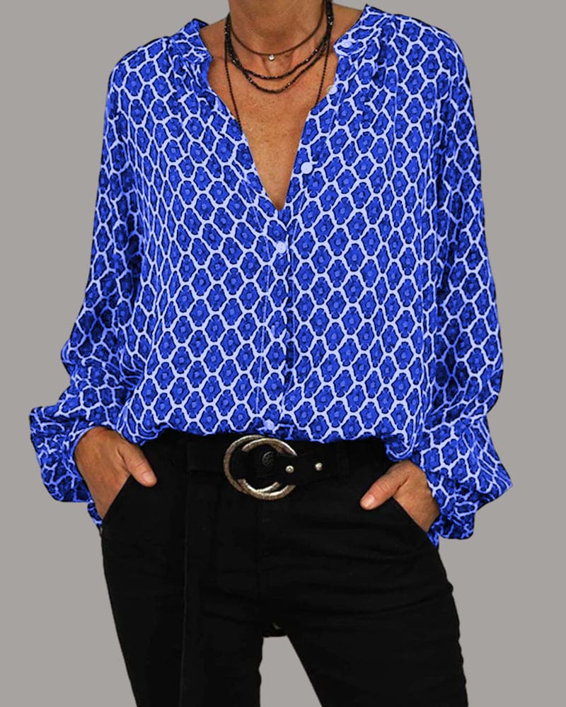 ELVIRA™ Geometric V-Neck Blouse – Sleek, Modern Statement Piece