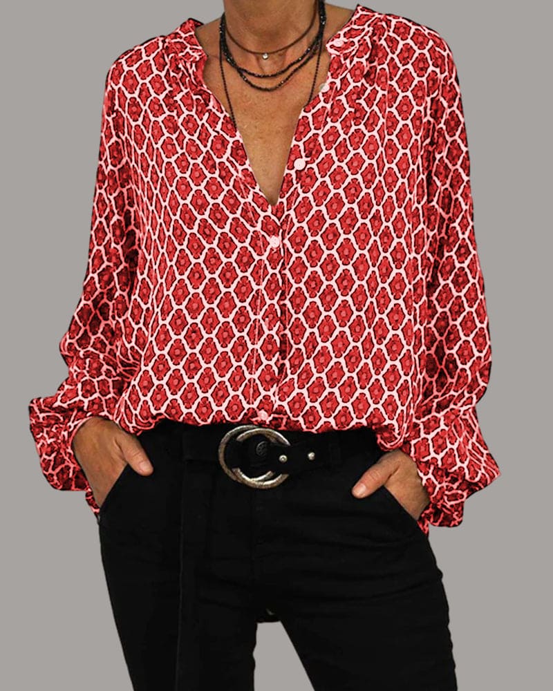 ELVIRA™ Geometric V-Neck Blouse – Sleek, Modern Statement Piece