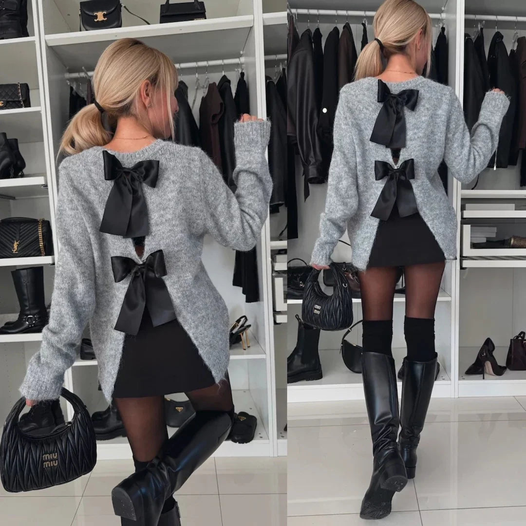 BELLA™ Bow-Back Ribbon Knit Sweater with Plush Fuzzy Trim